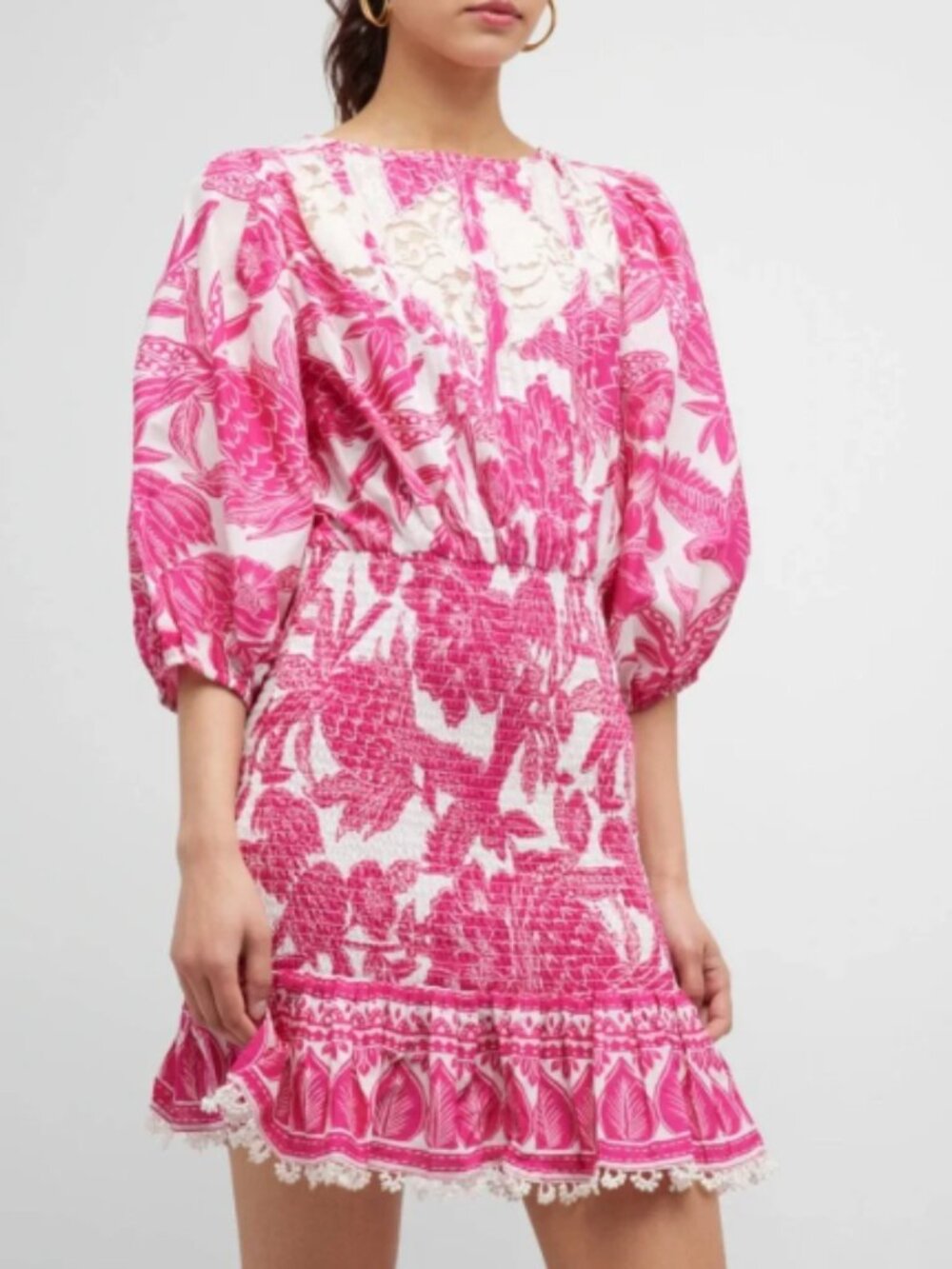 FARM RIO Pink Tropical Woodcut Print Mini Dress Size S